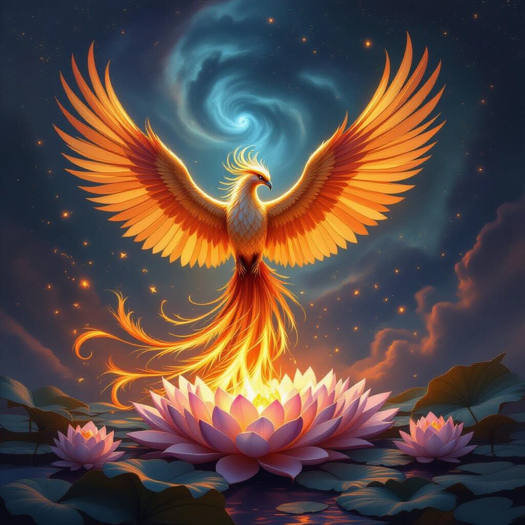 Phoenix of Gold and Sapphire Rises from Cosmic Nebula