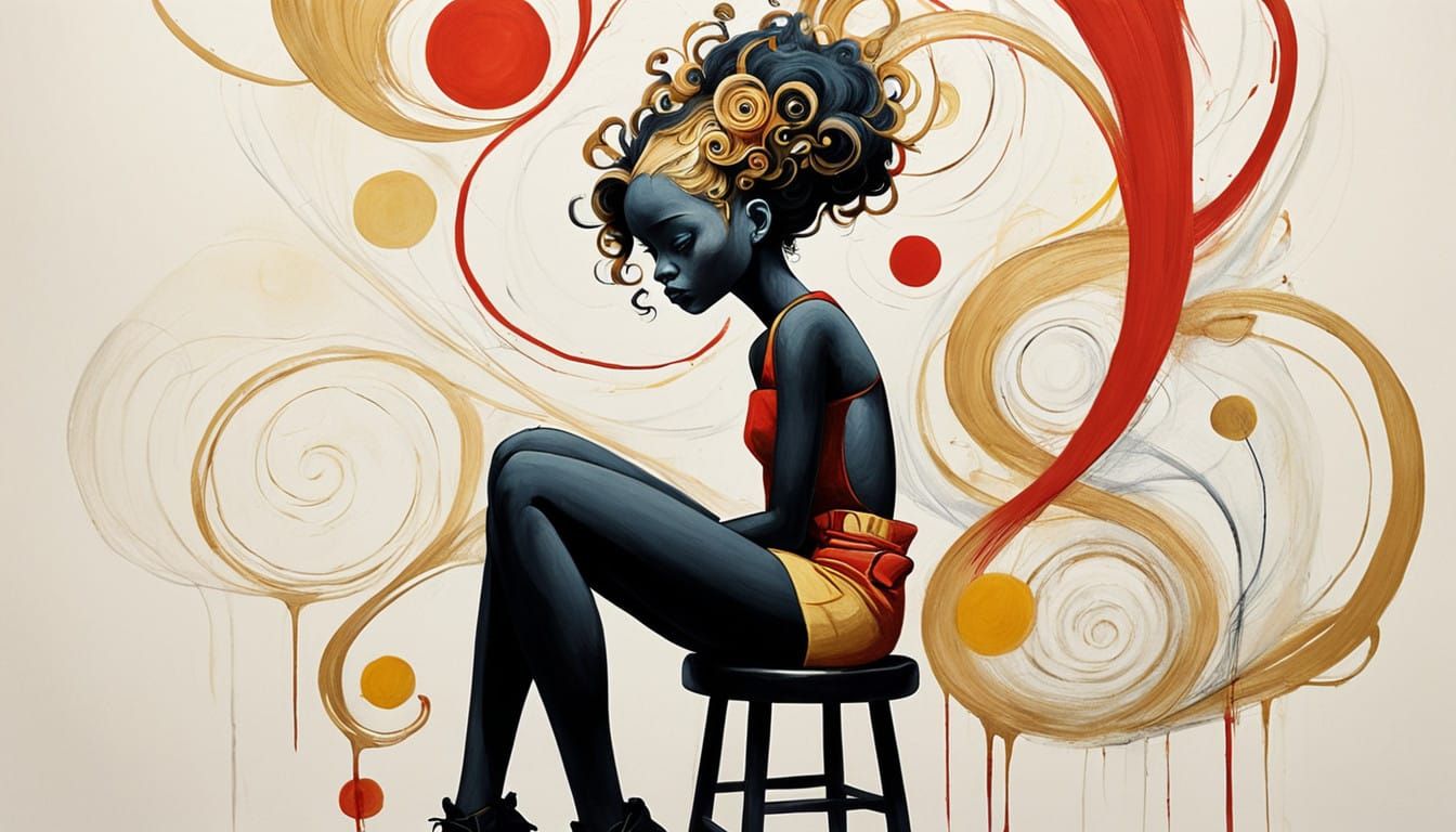 Surreal Doll Contemplation in Golden Hues and Bold Lines