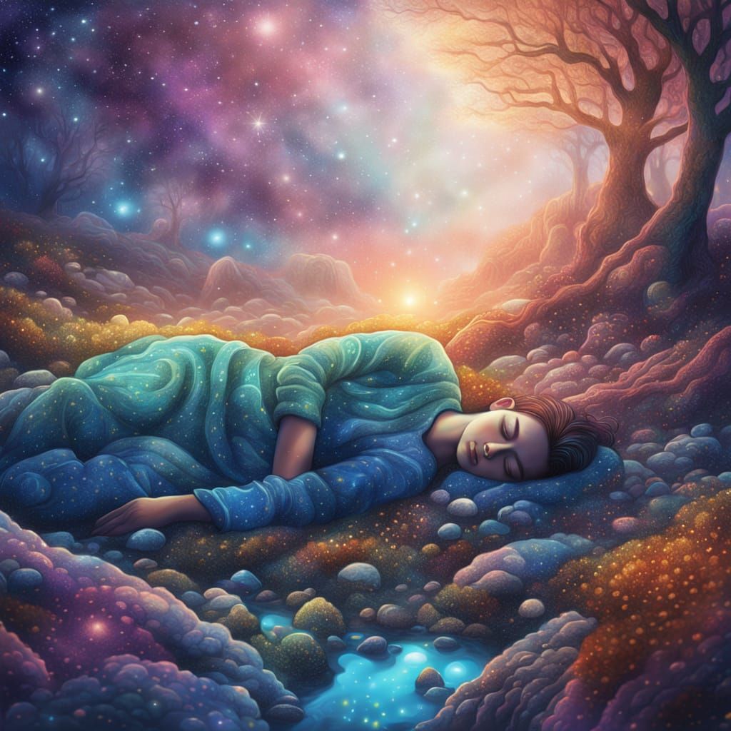 Cosmic Dream: Person Sleeping in Mystical Riverbed