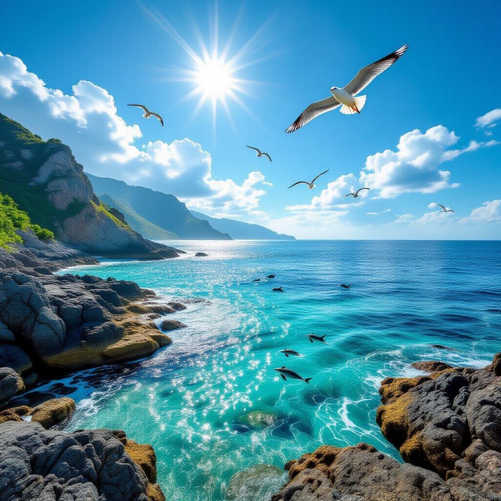 Photorealistic Seascape: Turquoise Sea, Rocky Coast, Dolphin...