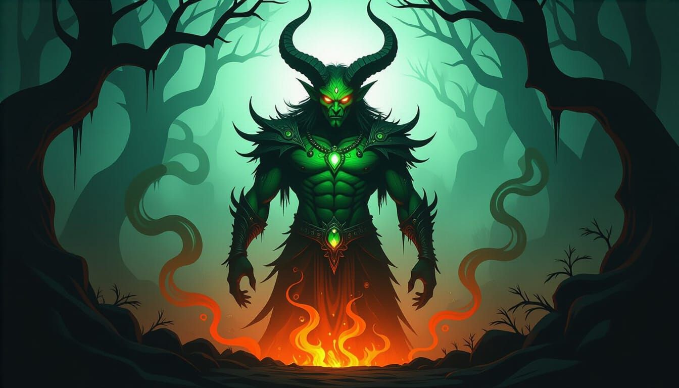 Jinxed Emerald Demon in Dark Fantasy Forest
