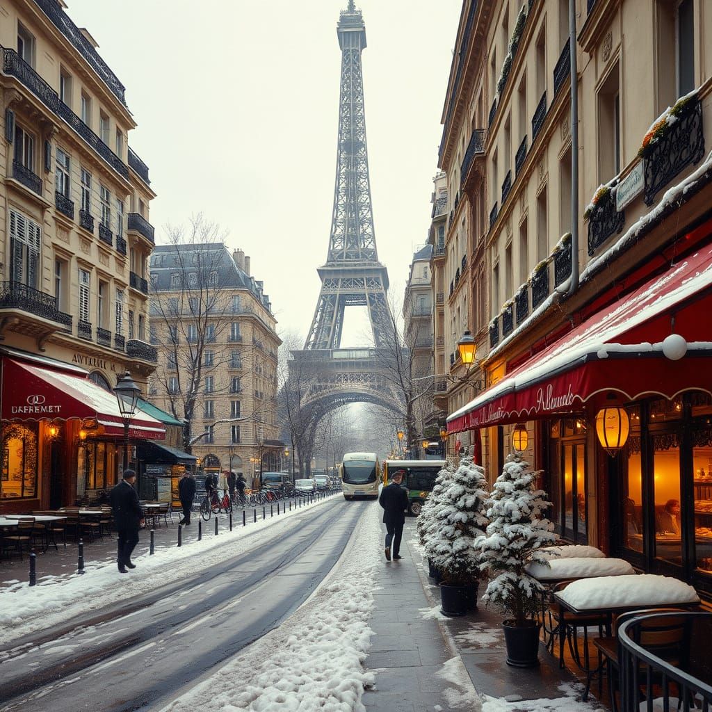 Vintage Paris at Night, Snowy Eiffel Tower and Cozy Red Awni...