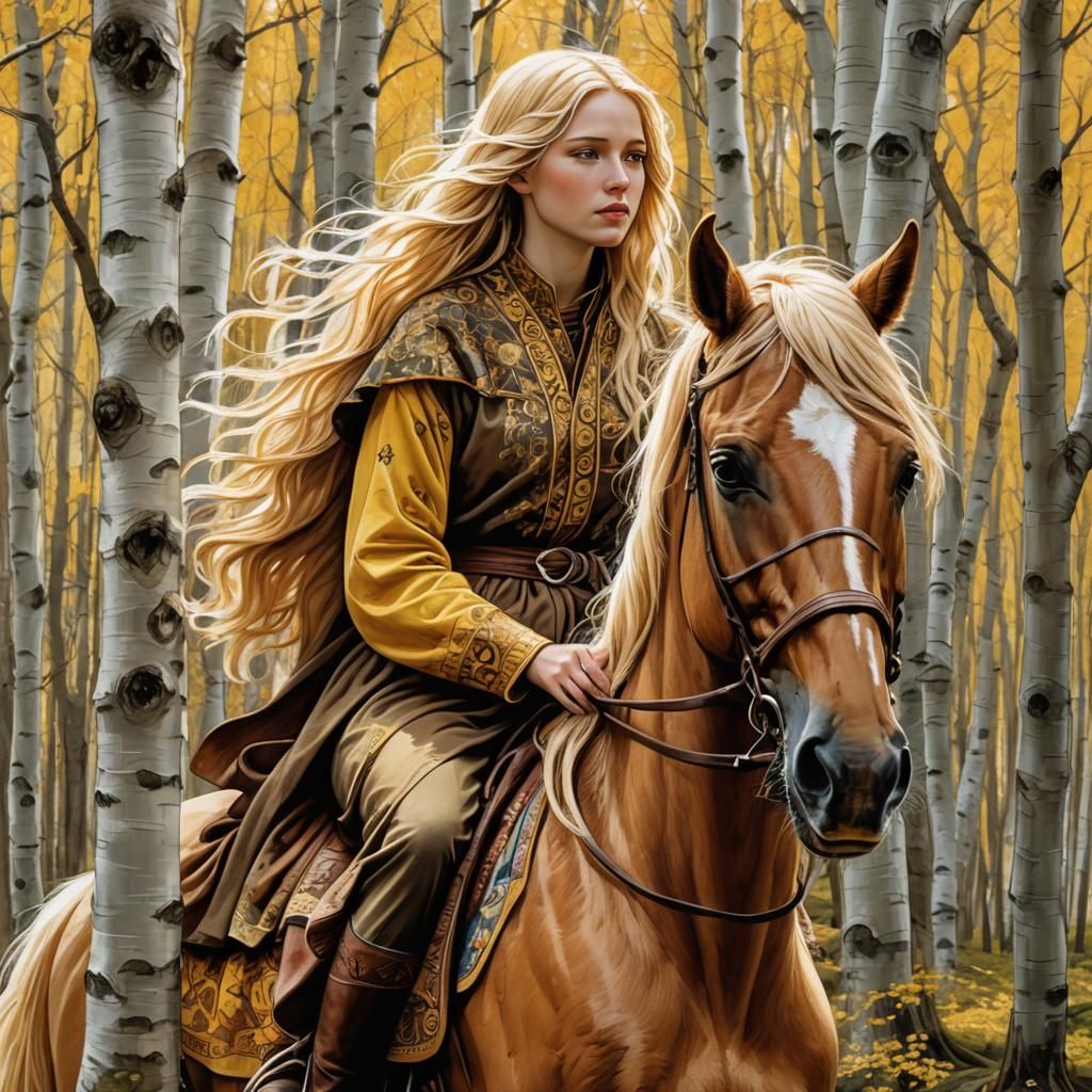 Girl on Horseback in Sunny Birch Forest