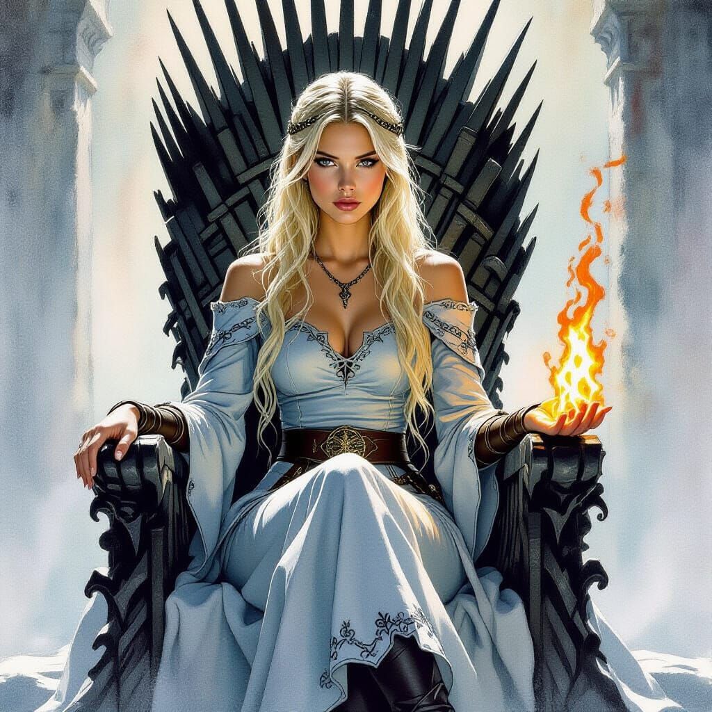 Woman on Iron Throne with Dragon, Watercolor Style