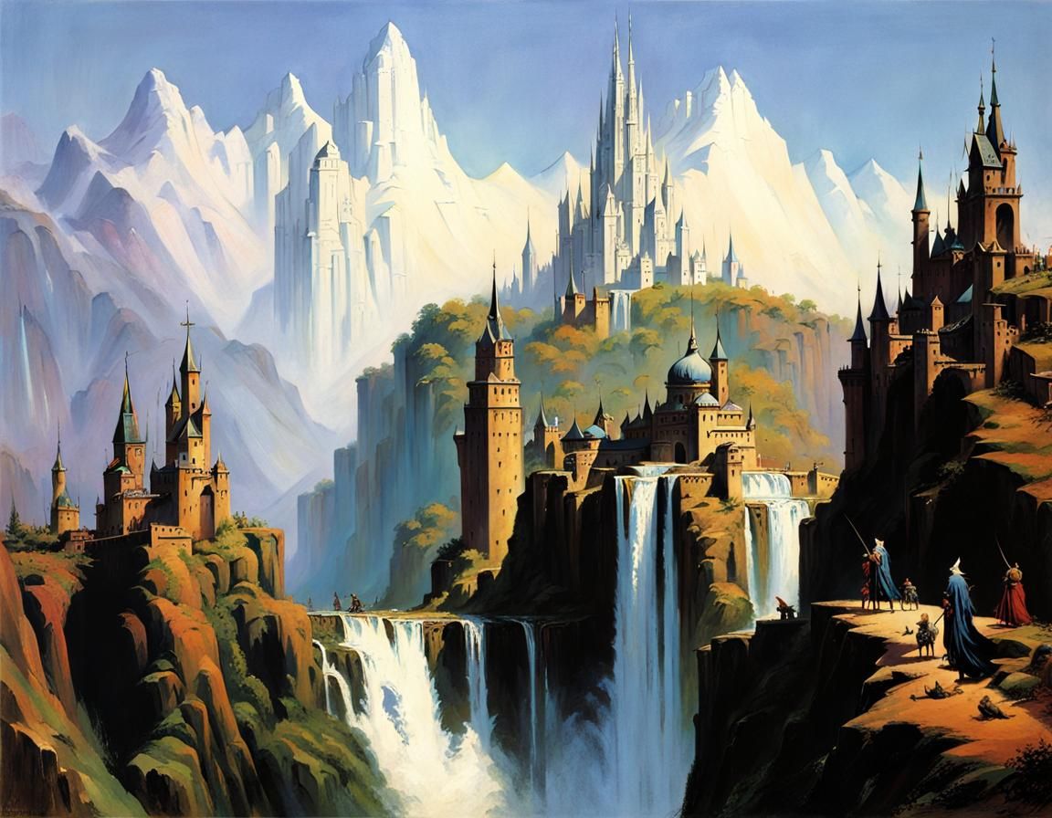 Fantasy City Atop Waterfall in Frazetta Style