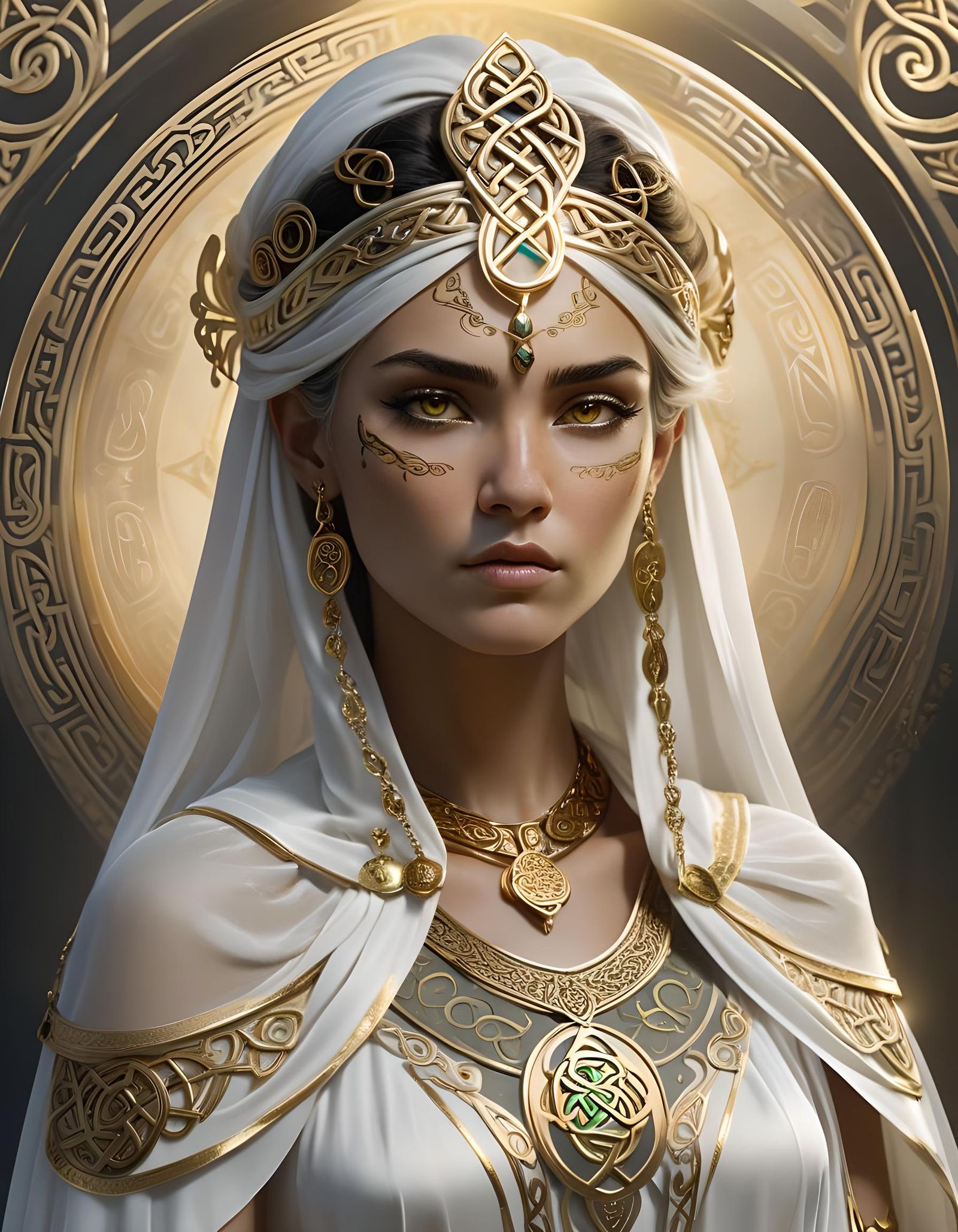 Celtic Priestess with Gold Symbols and Tattoos