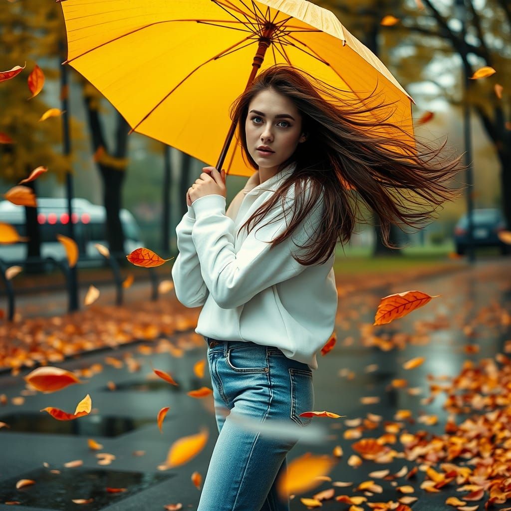 Young Woman in Autumn Storm with Golden Umbrella