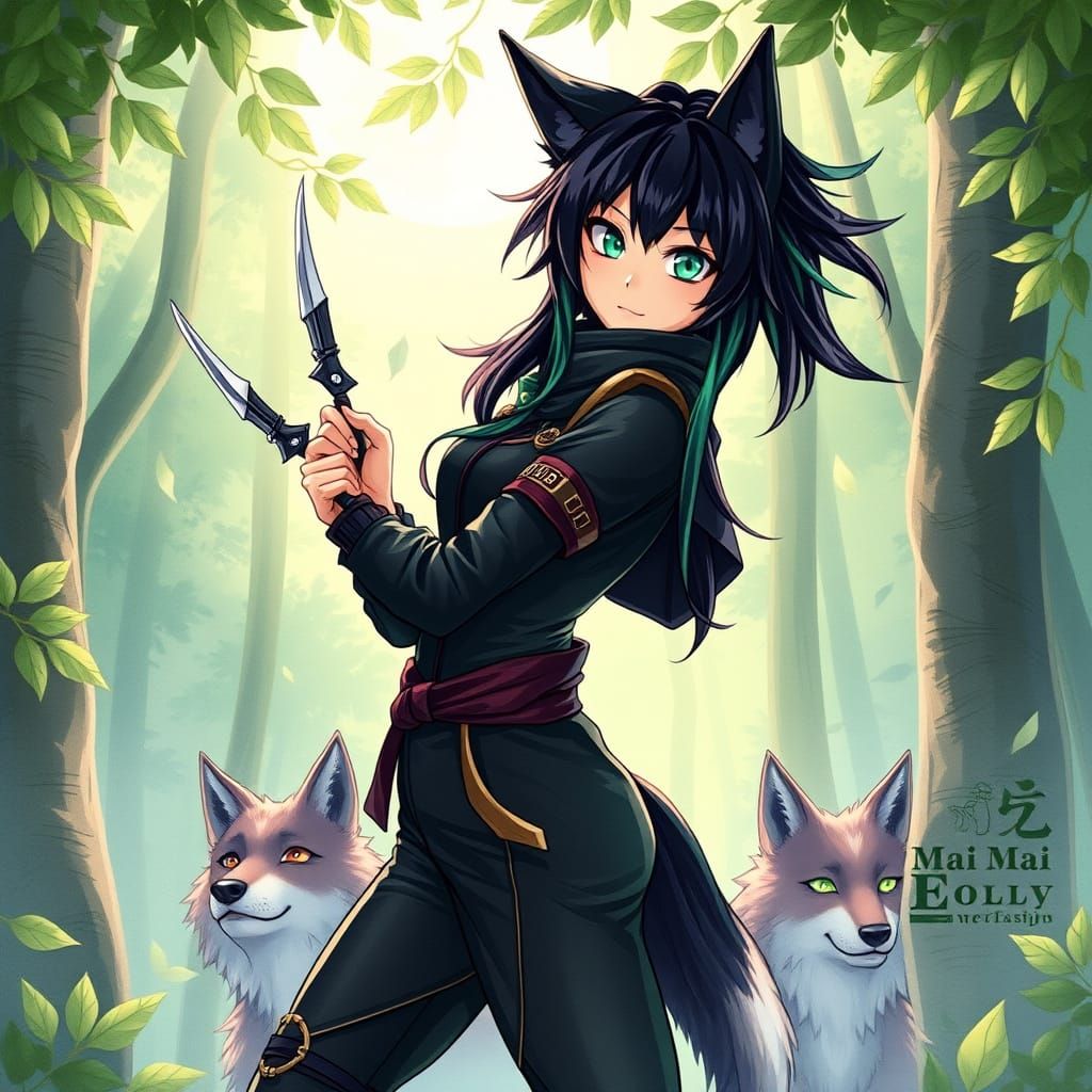 Wolf Girl Ninja Warrior in Moonlit Forest Glade