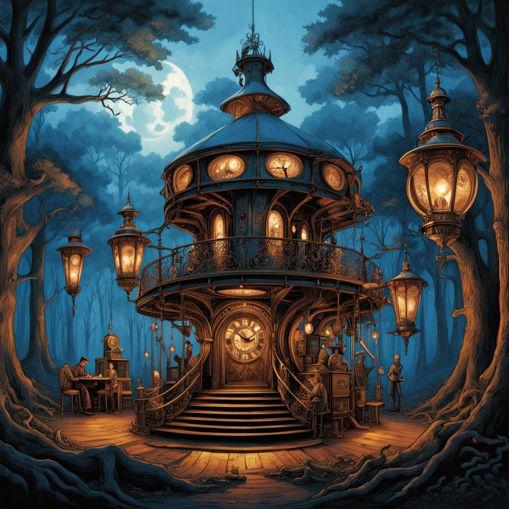 Steampunk Campsite Under Ethereal Moonlight