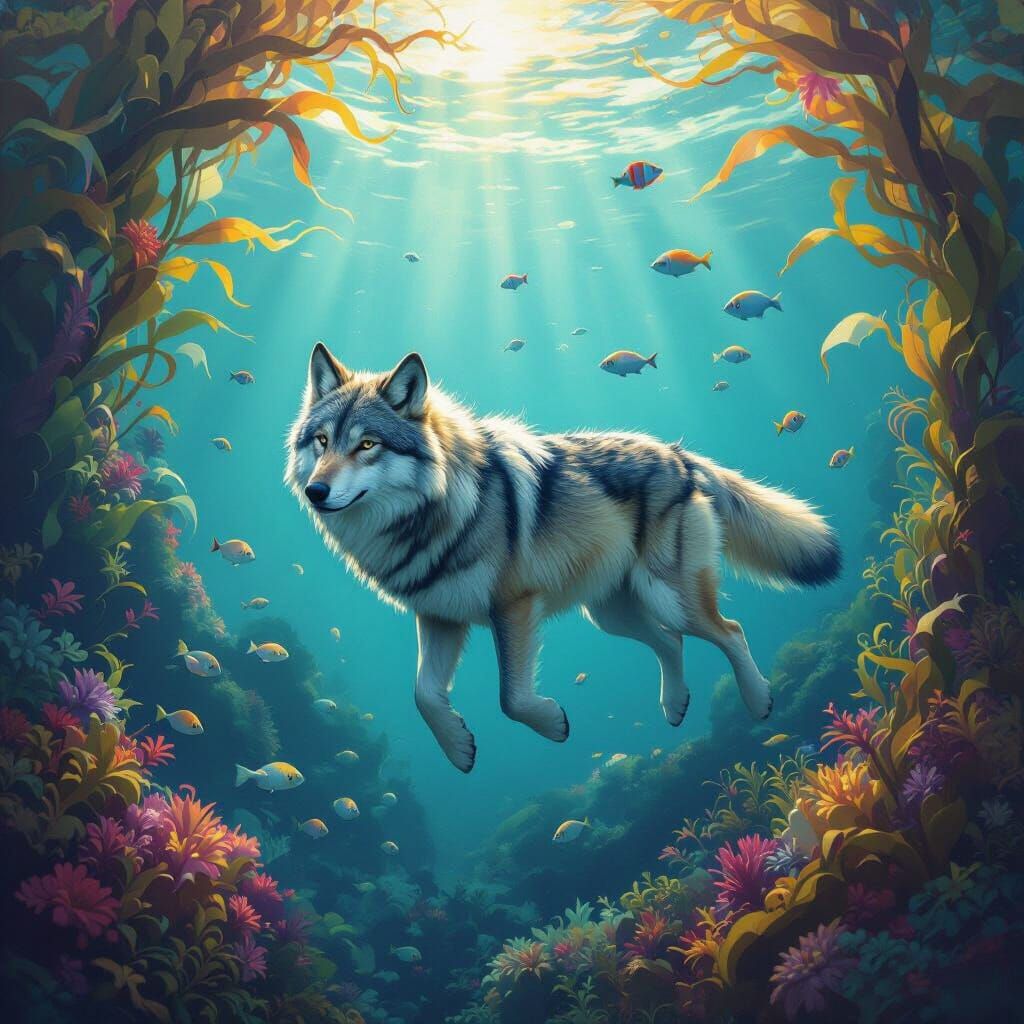 Majestic Wolf Swims Through Vibrant Underwater Kelp Forest