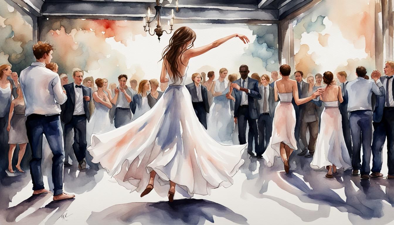 Beauty Girl Dancing Alone: Hyperreal Watercolor Painting