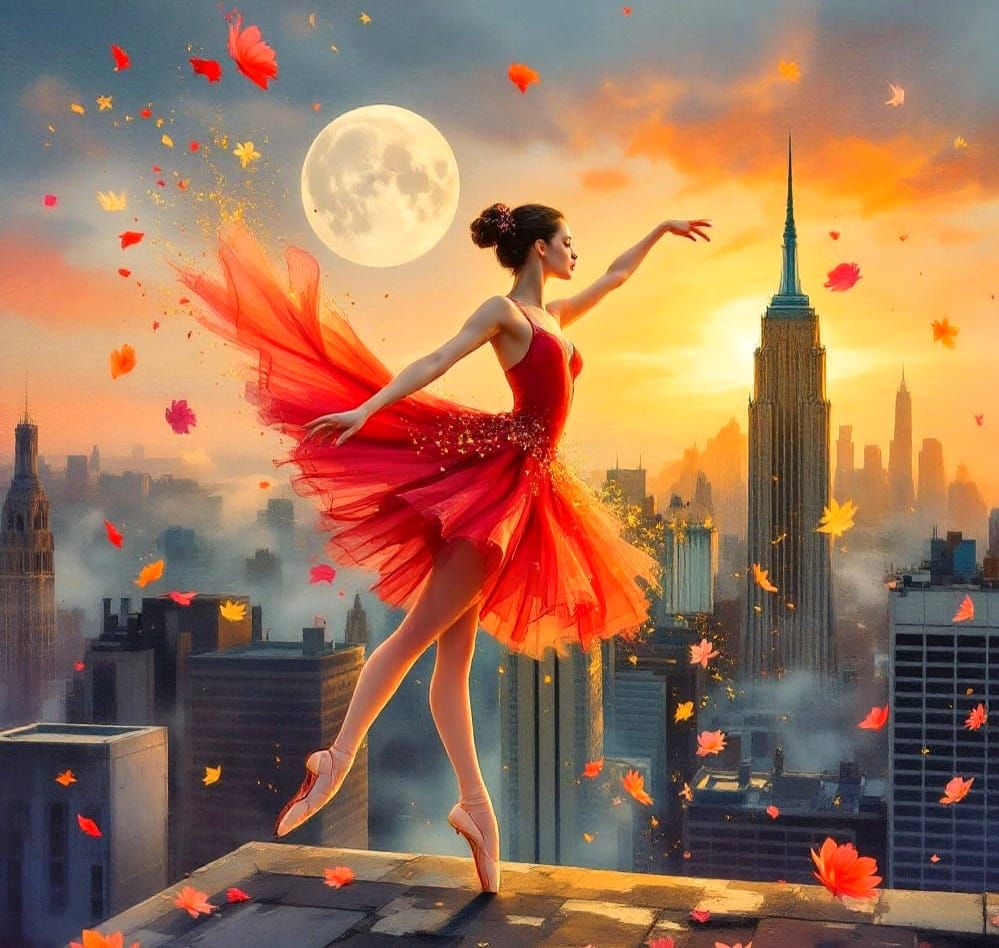 Dancing Ballerina Under Sunset City Sky