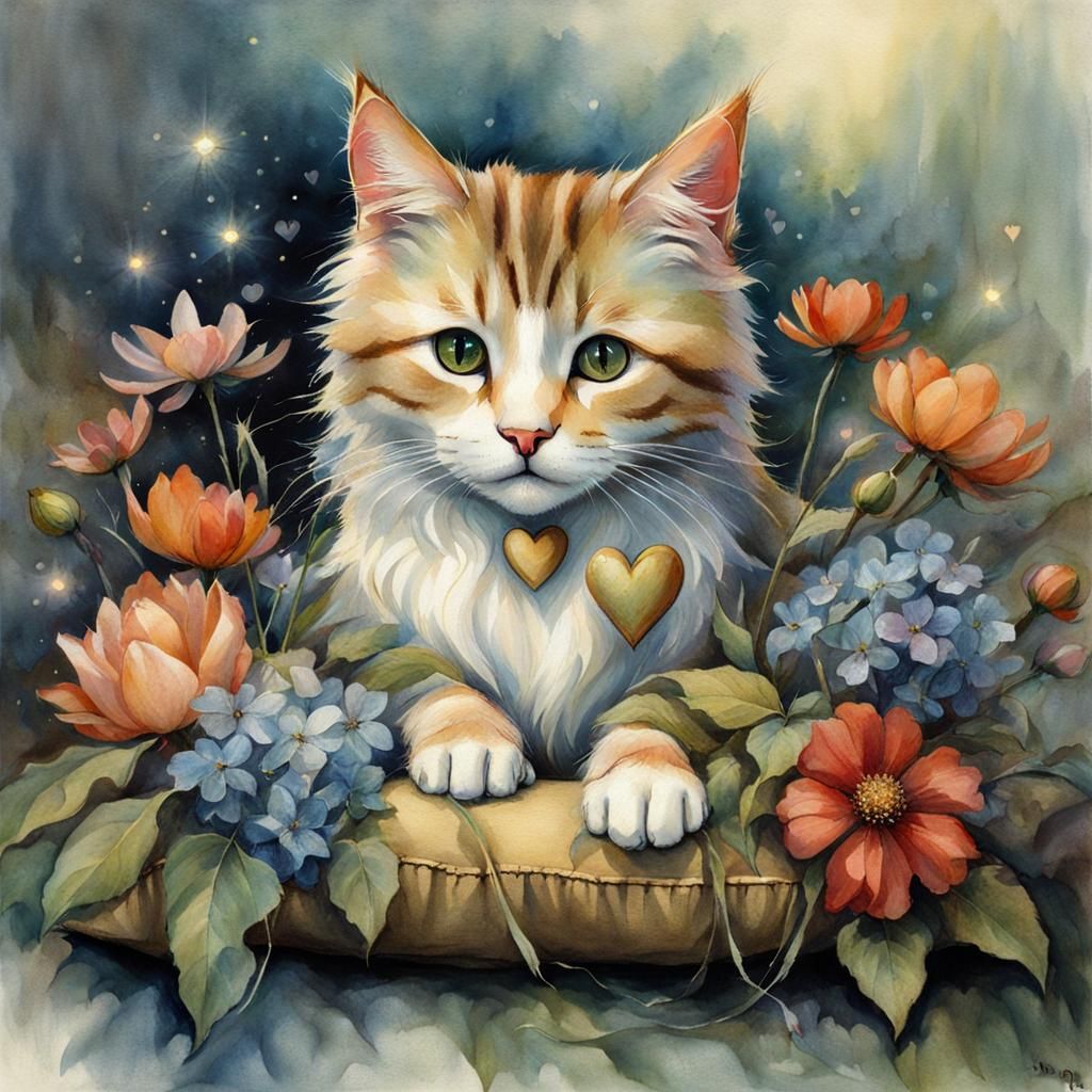 Cute Cat Surrounded by Flowers in Fantasy Art Style