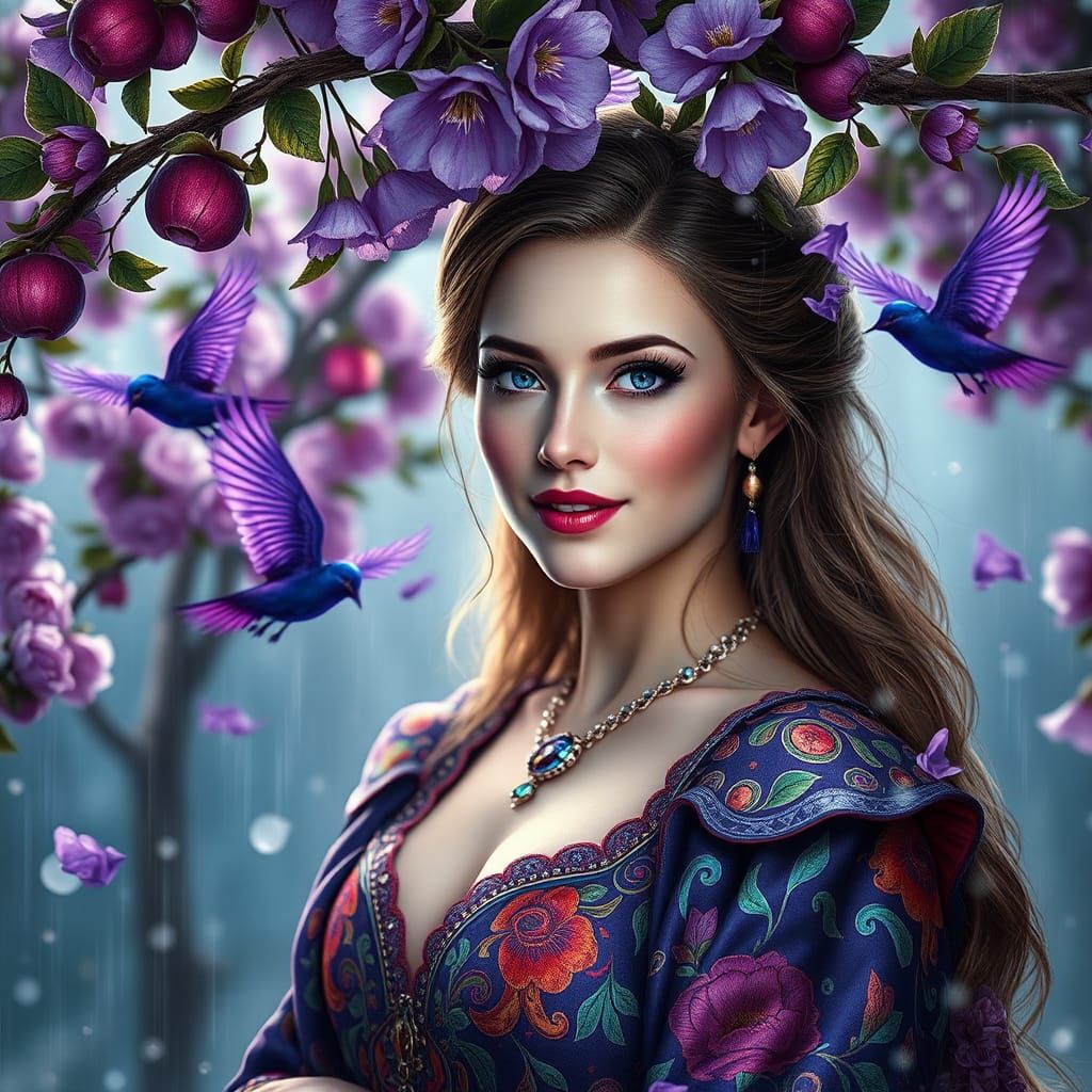 Porcelain Woman Under Purple Apple Tree: Fantasy Art