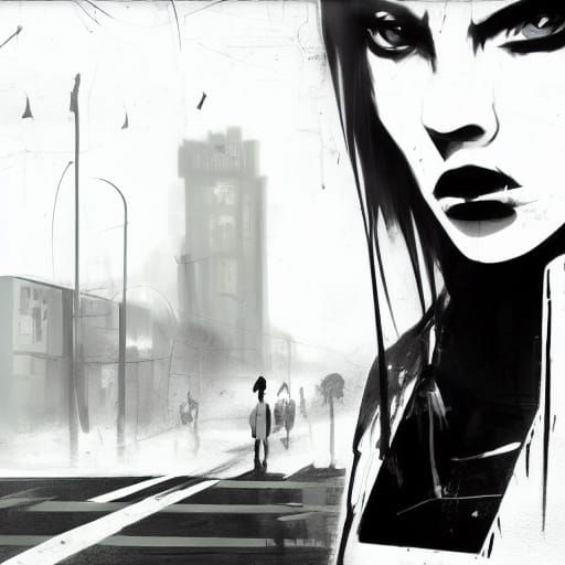 Goth Fashion Figure on Neon-Lit Rainy Street