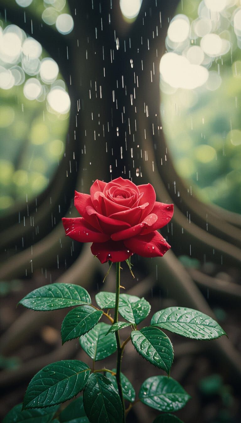 Cinematic Rose Bloom with Water Droplets and Ancient Tree