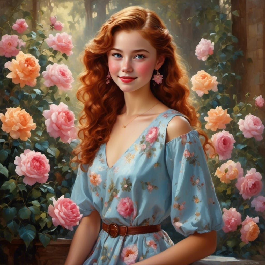 Auburn-Haired Teen in Sundress: Oil Painting