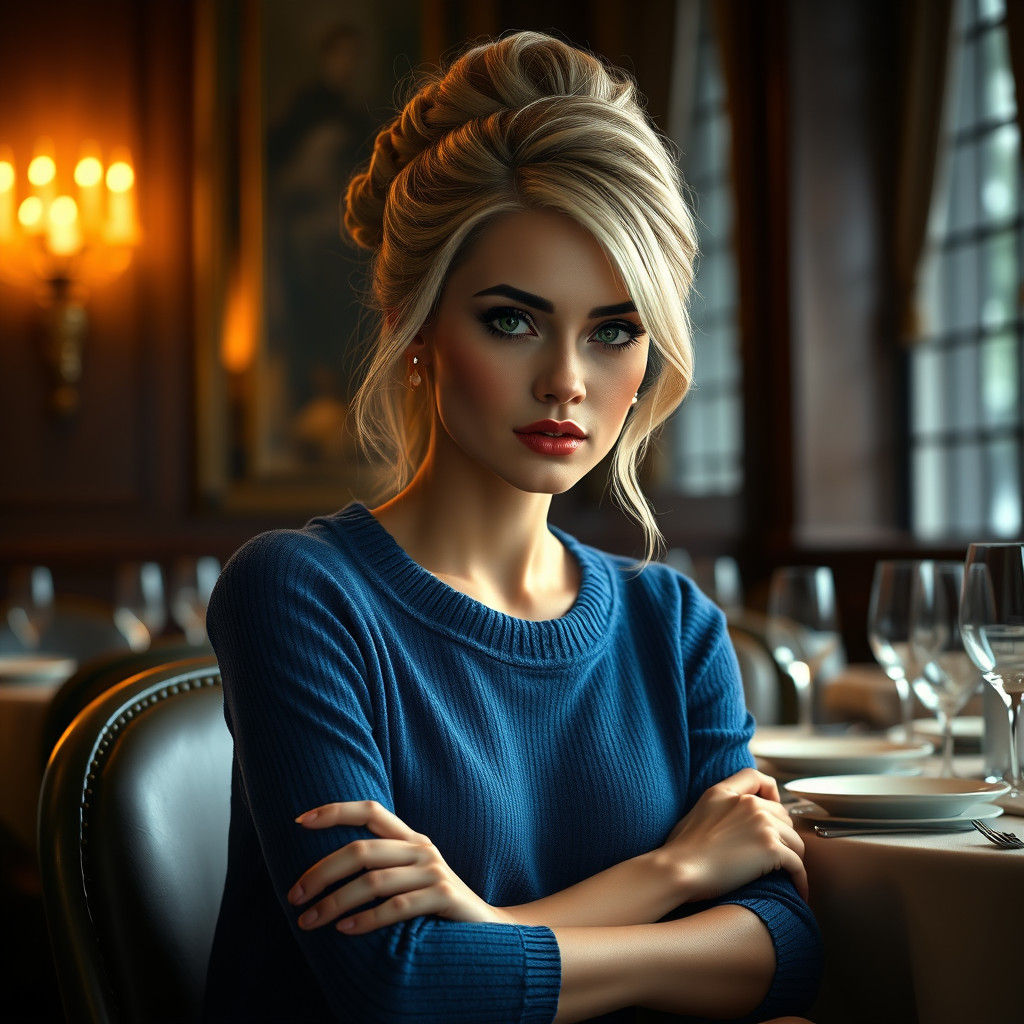 Elegant Blonde Woman in Blue Cashmere, Concept Art