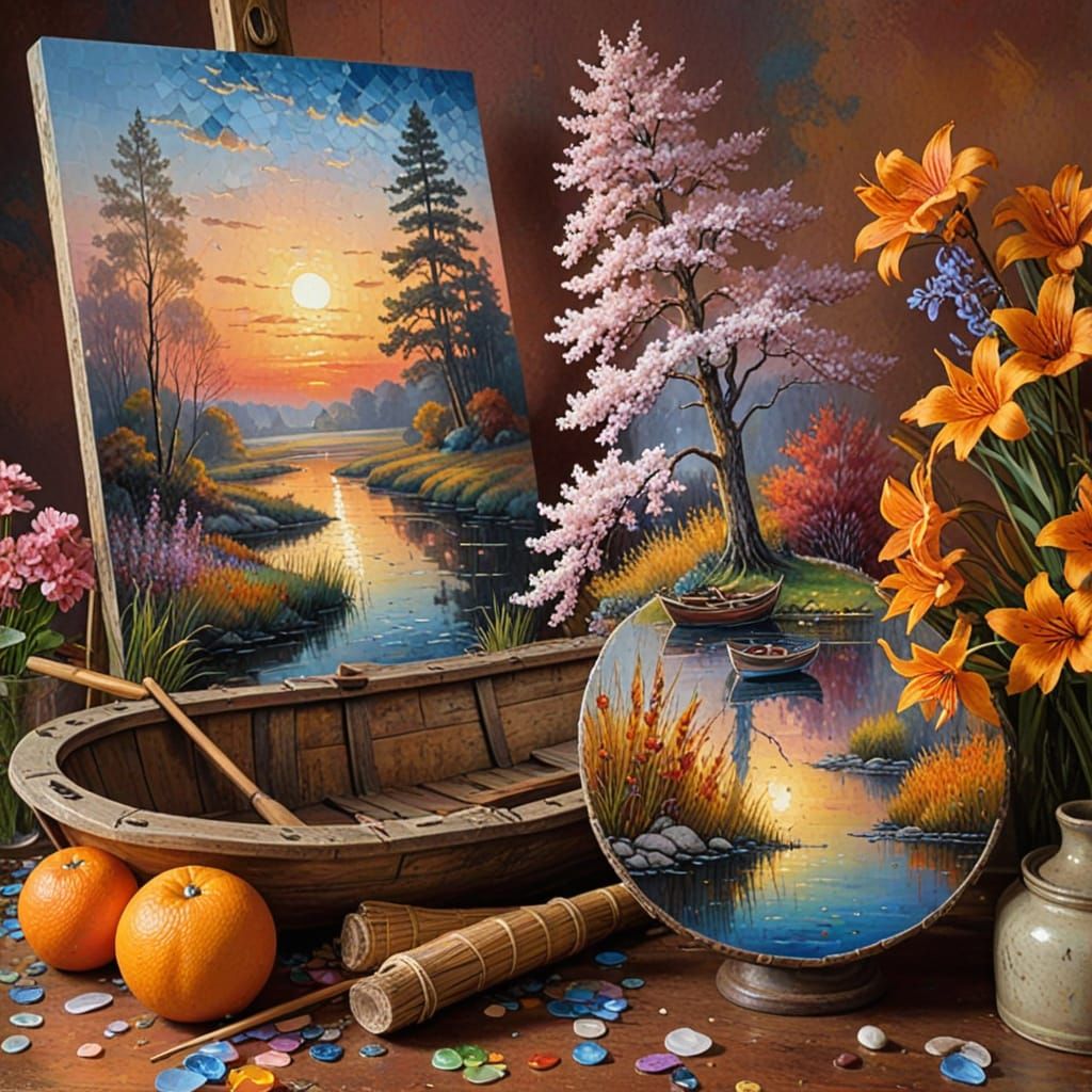 Vibrant Impasto Sunset with Twisted Tree and Lonely Fisherma...