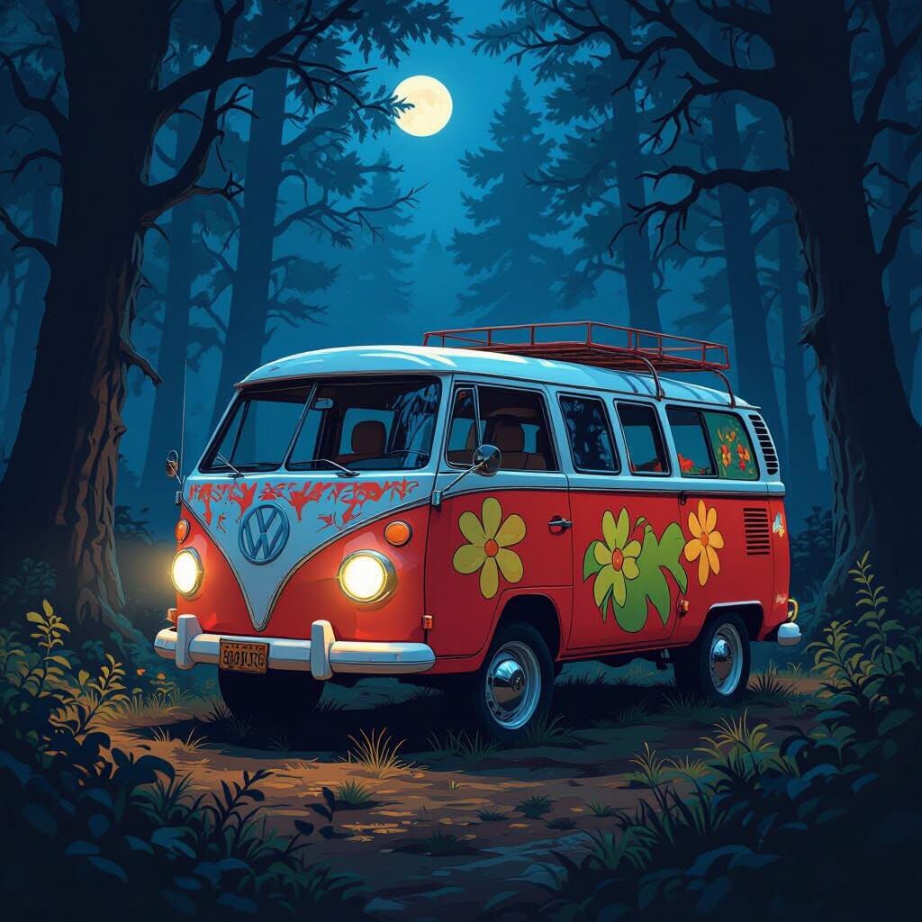 Mystery Machine in Spooky Forest Clearing