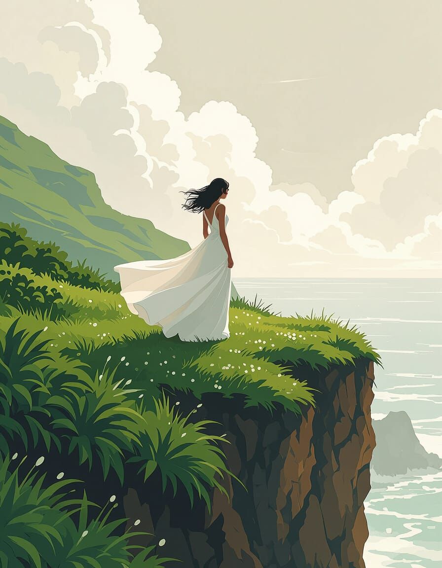 Woman on Windswept Cliff in Sci-Fi Style