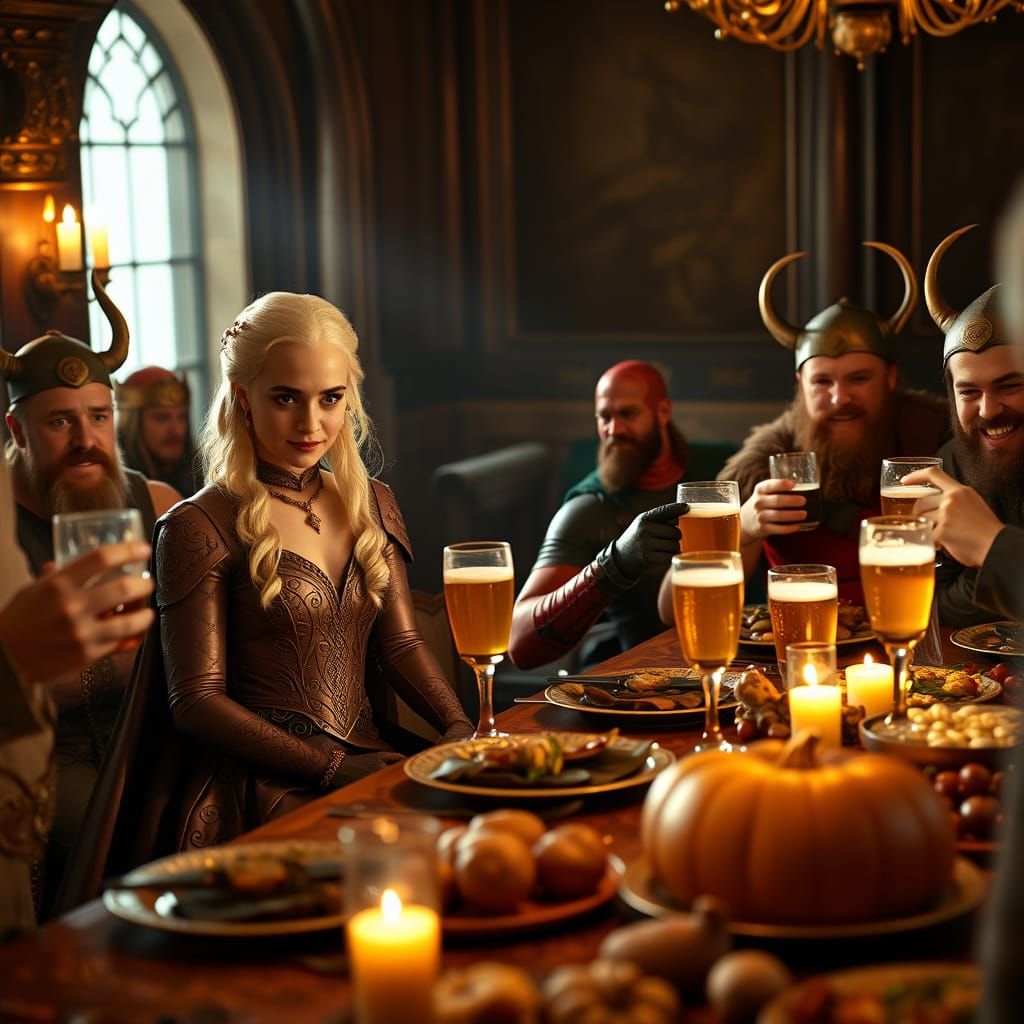 Daenerys, Deadpool, and Vikings at Thanksgiving Feast