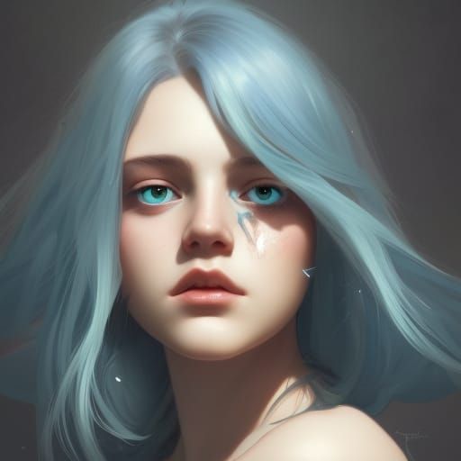 Detailed Portrait of Gray-Haired Teenager with Turquoise Eye...