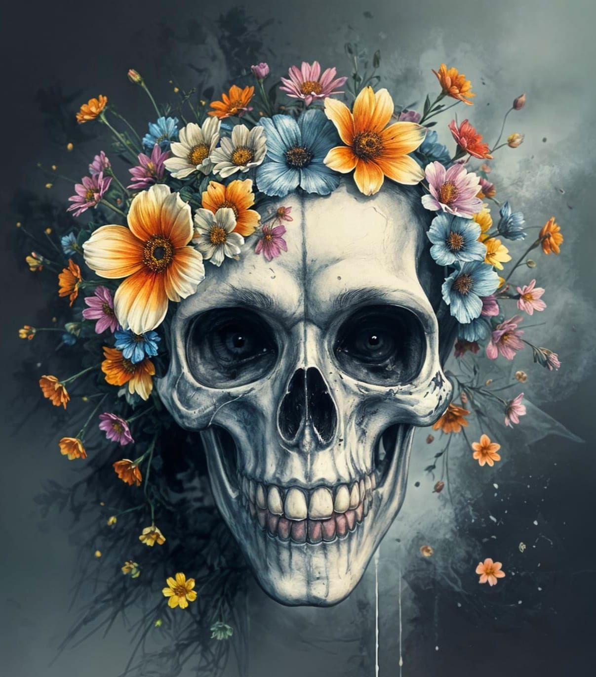 Floral Skull Graffiti Art with Wildflowers
