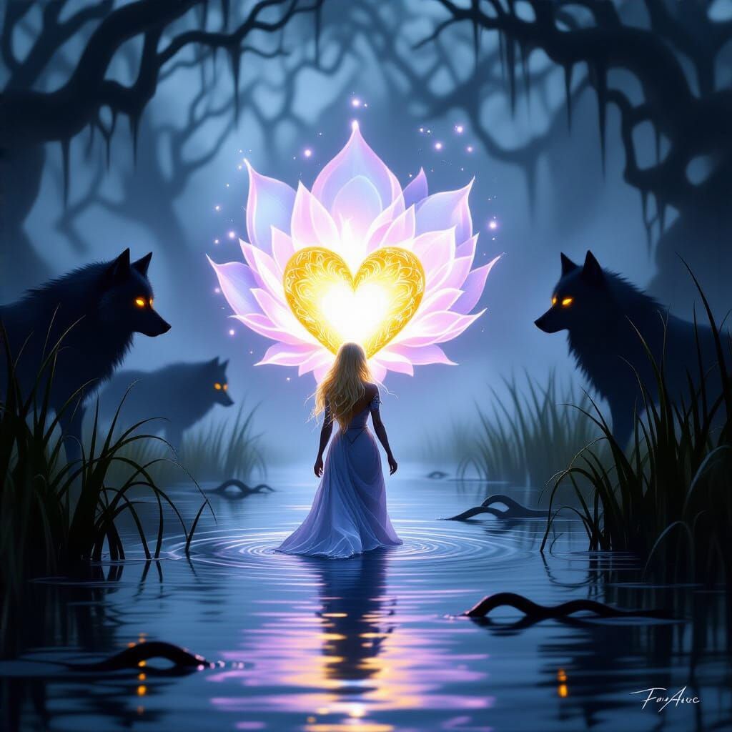 Soul's Journey Through Dark Swamp in Surreal Style