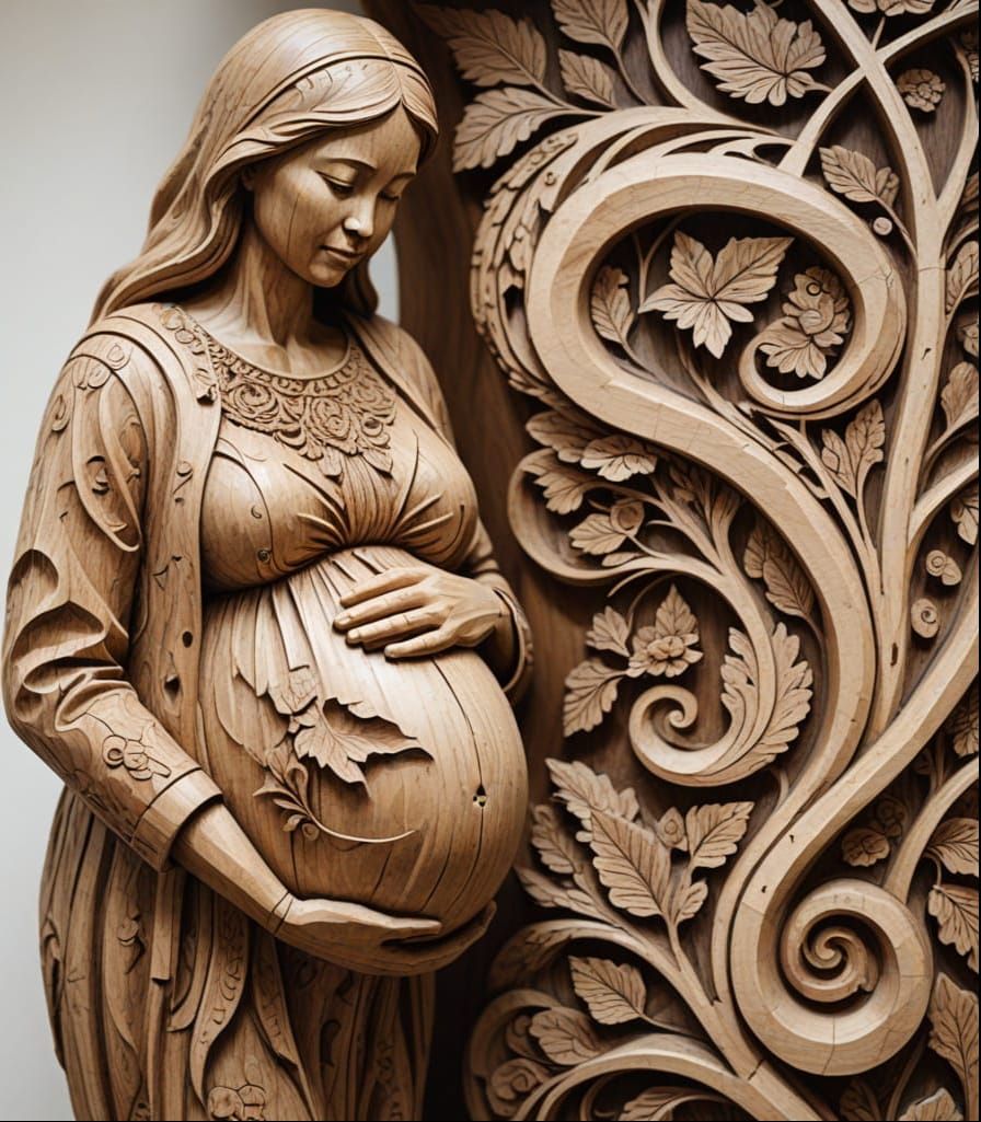 Wood Carving of Pregnant Mother in Devout Contemplation