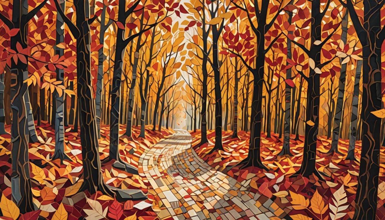 Cubist Paper Collage of Autumn Forest Path