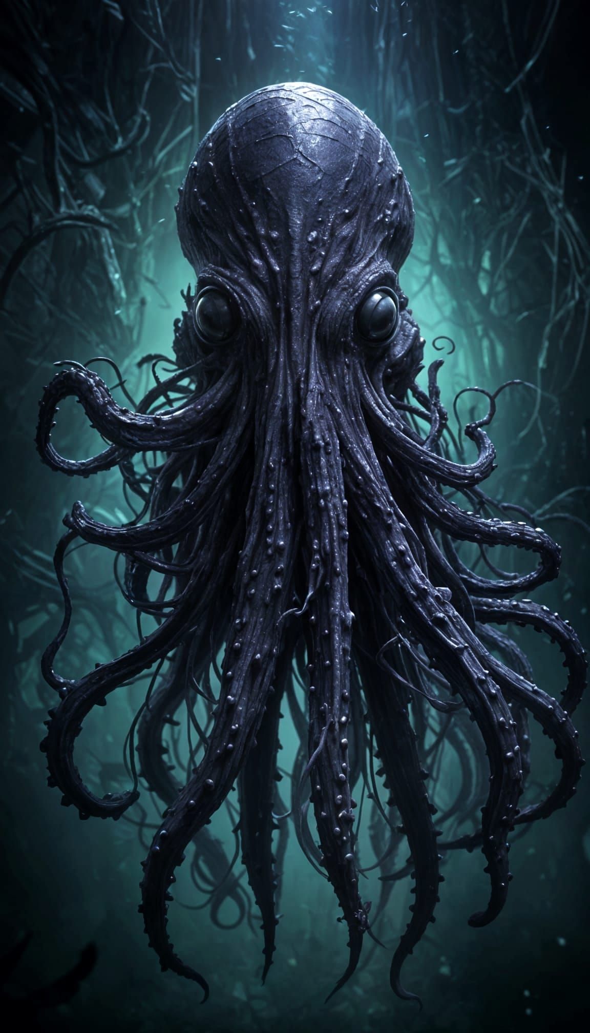 Ethereal Dark Purple Kraken Squid in Abyssal Depths