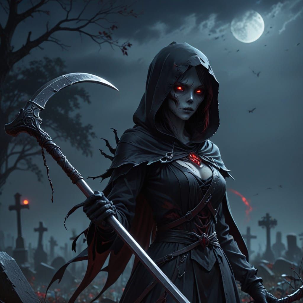 Dark Fantasy Anime Goddess in Spooky Graveyard