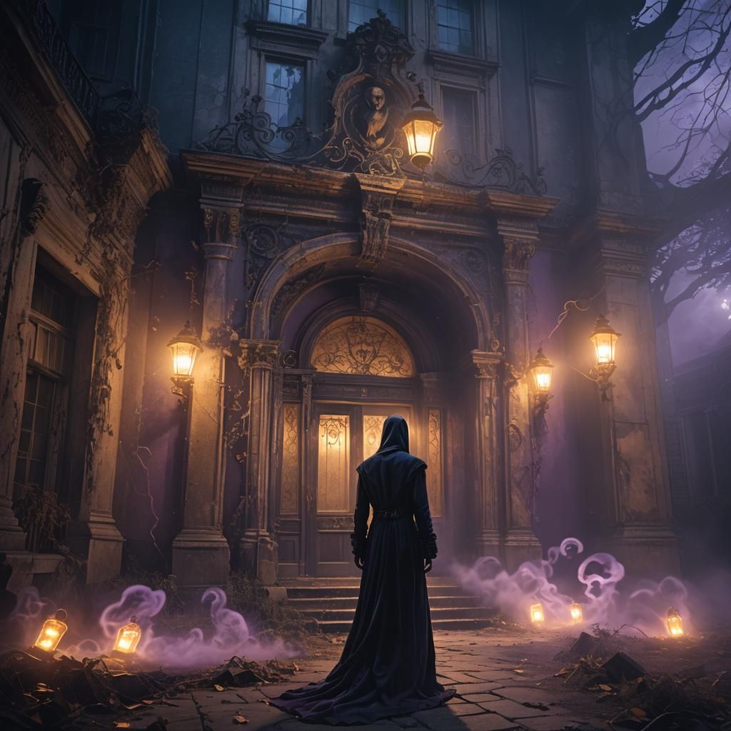Ghostly Figure at Abandoned Mansion in Dark Fantasy Style