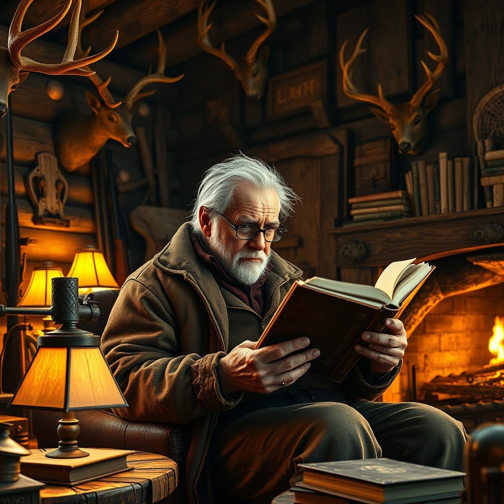 Rustic Cabin Reading Scene in Warm, Golden Light