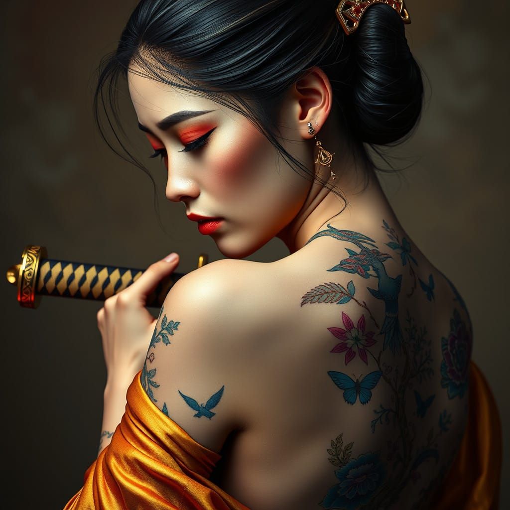 Ethereal Goddess with Cultural Tattoo and Katana in Golden G...