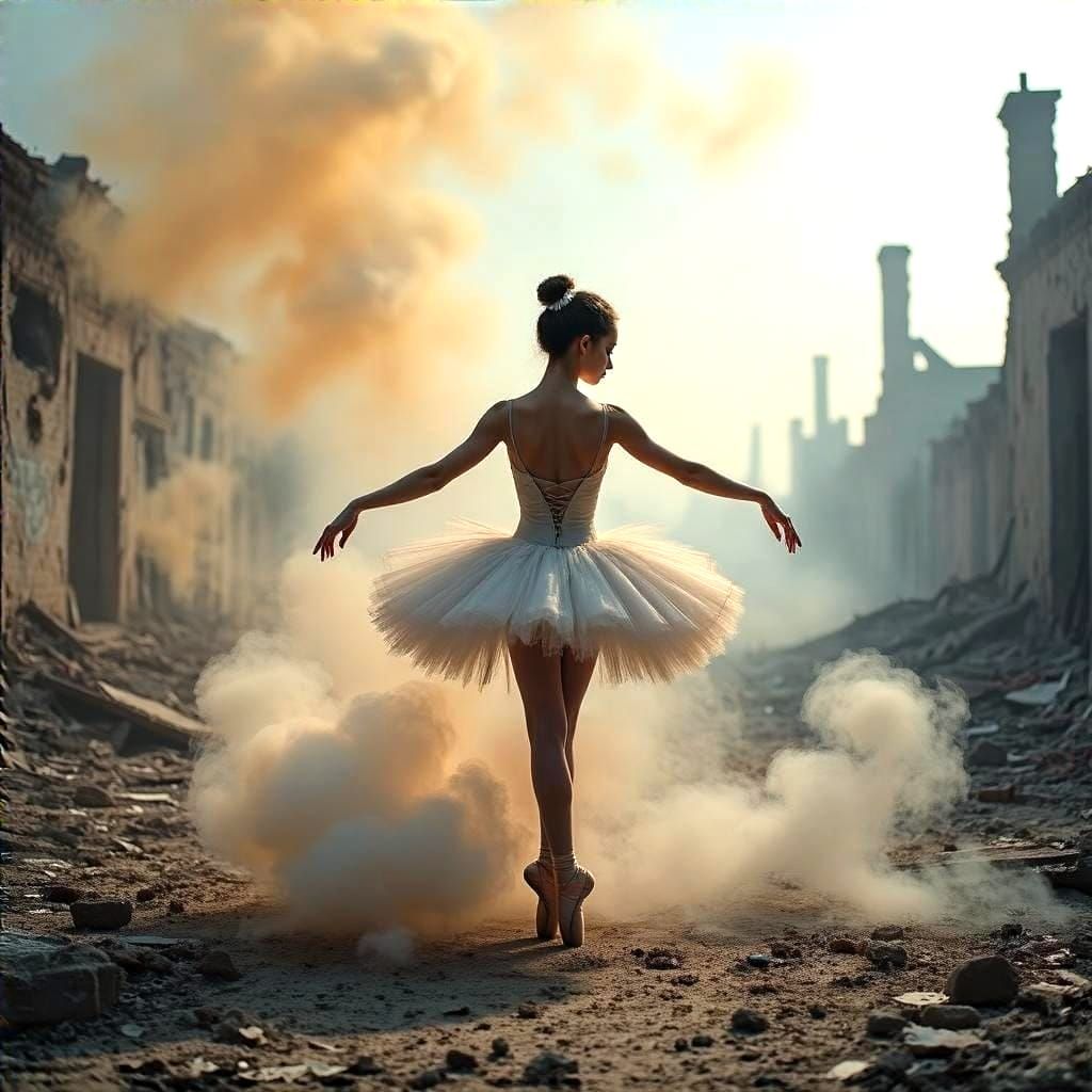 Ethereal Ballerina Ascends Amidst Dusty Smoke