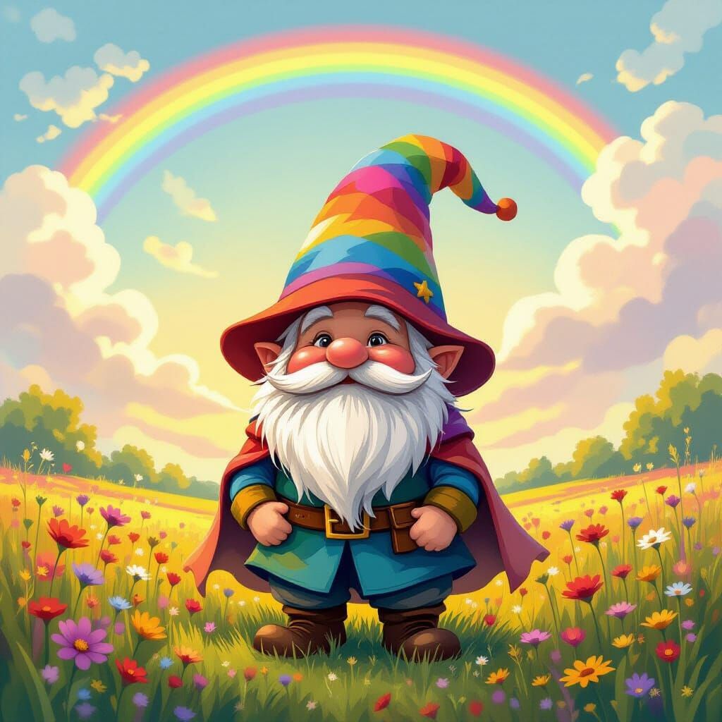 Whimsical Gnome in Rainbow Meadow, Digital Art