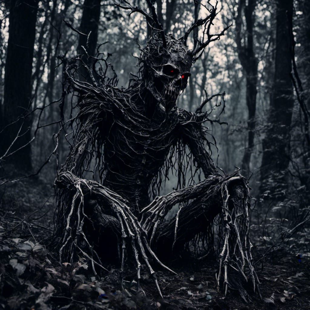 Lonely Figure in Dark Forest at Night