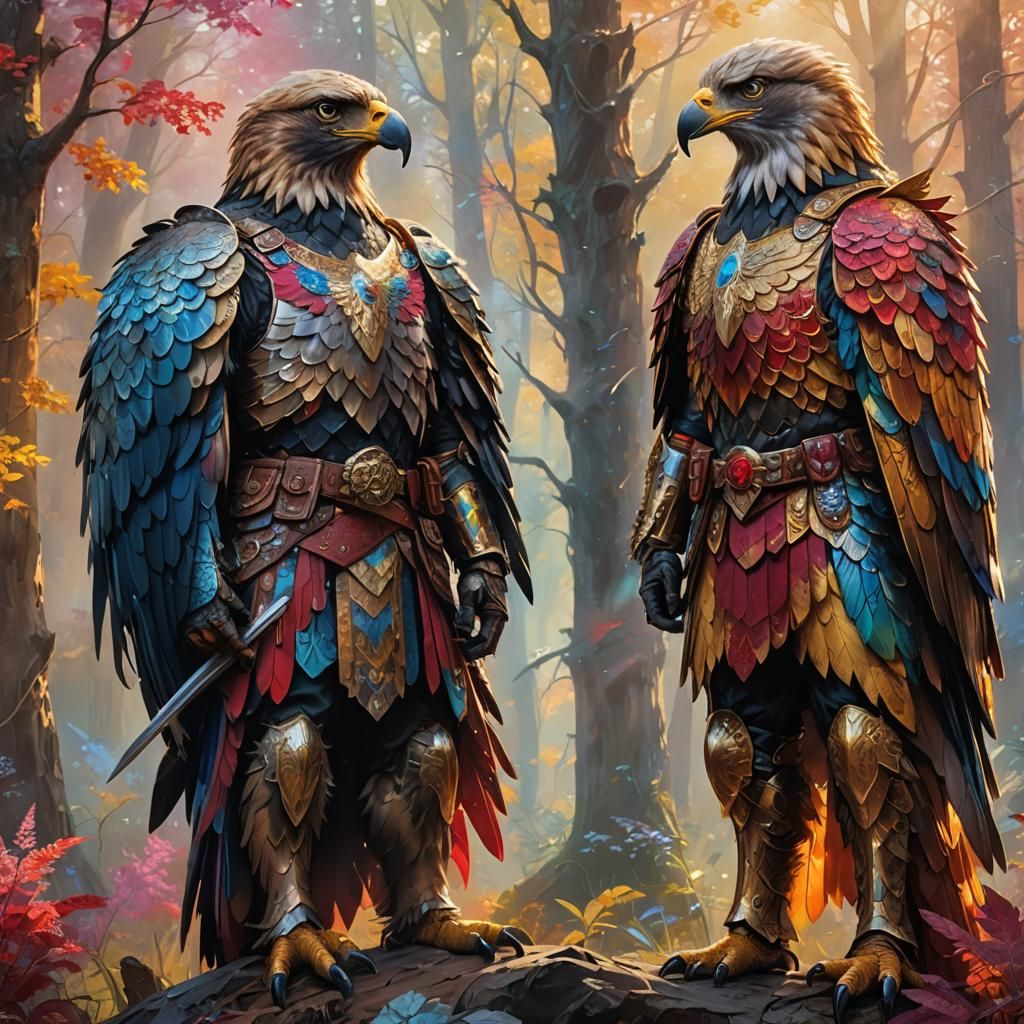Ornate Armored Eagle and Hawk in Fantasy Art