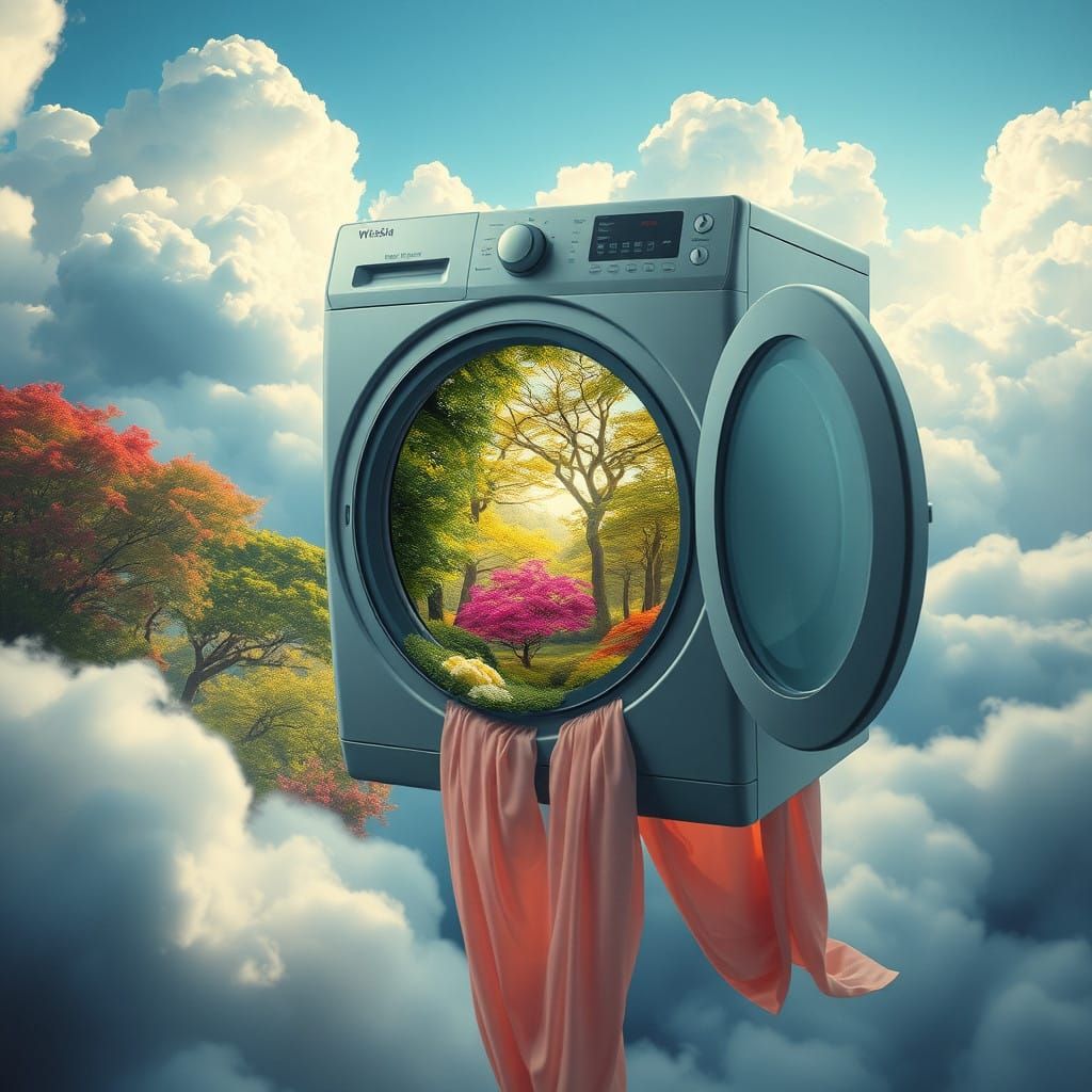 Surreal Washing Machine Levitates Amidst Vibrant Forest in M...