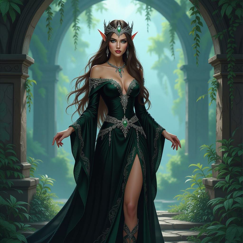 Moon Elf Queen in Ancient Forest Fortress, Fantasy Illustrat...