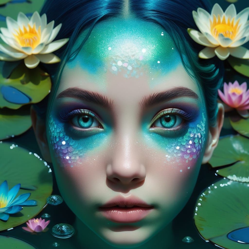 Mermaid Floating in Tranquil Pond with Water Lilies