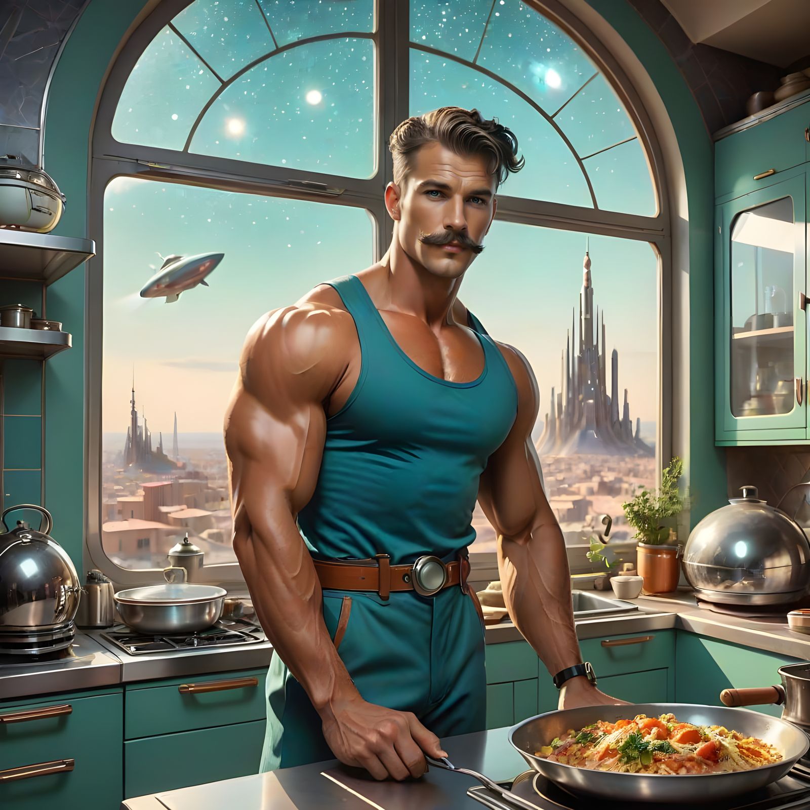 Retrofuturistic 50s Hunk Cooking in Art Deco Kitchen