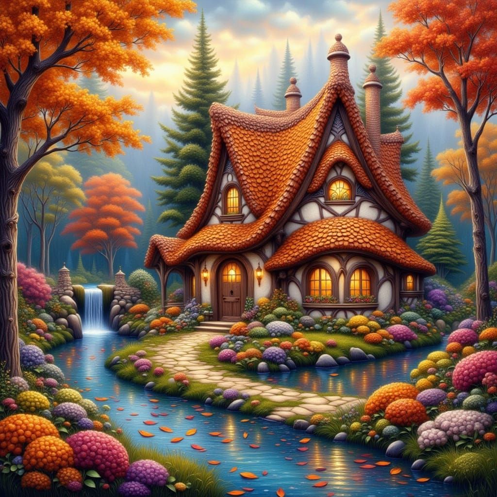 Fantasy Autumn Cottage by Shimmering Waterfall