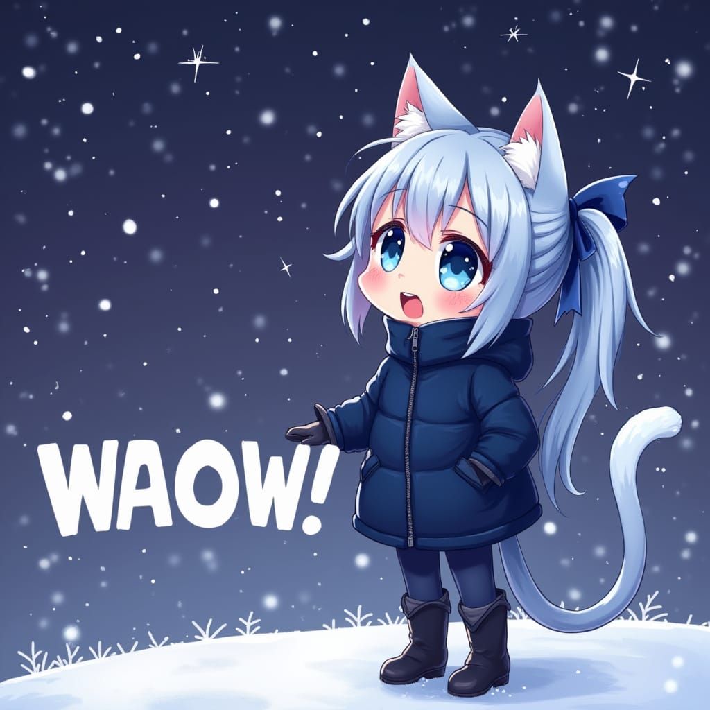 Anime Catgirl Amazed by Snowy Night, Synthwave Style