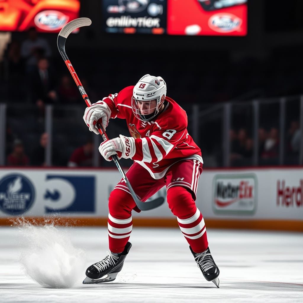 Hockey Player Takes a Powerful Slap Shot in Motion