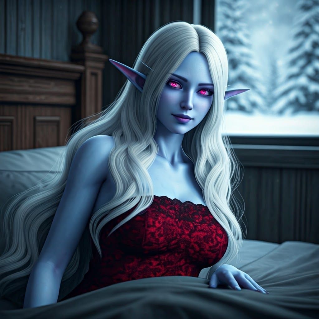 Elven Woman in Dreamlike Winter Scene