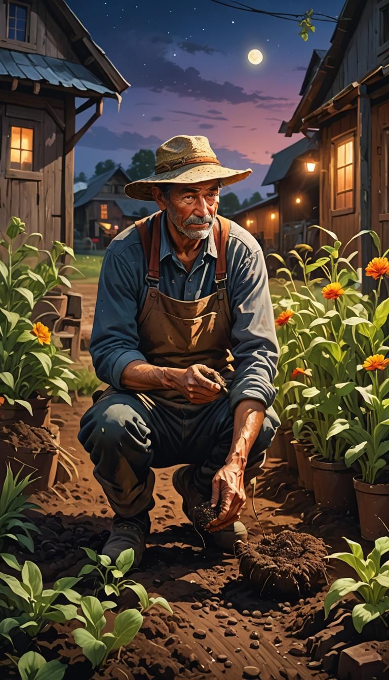 Nighttime Planting in a Hyperrealistic Village