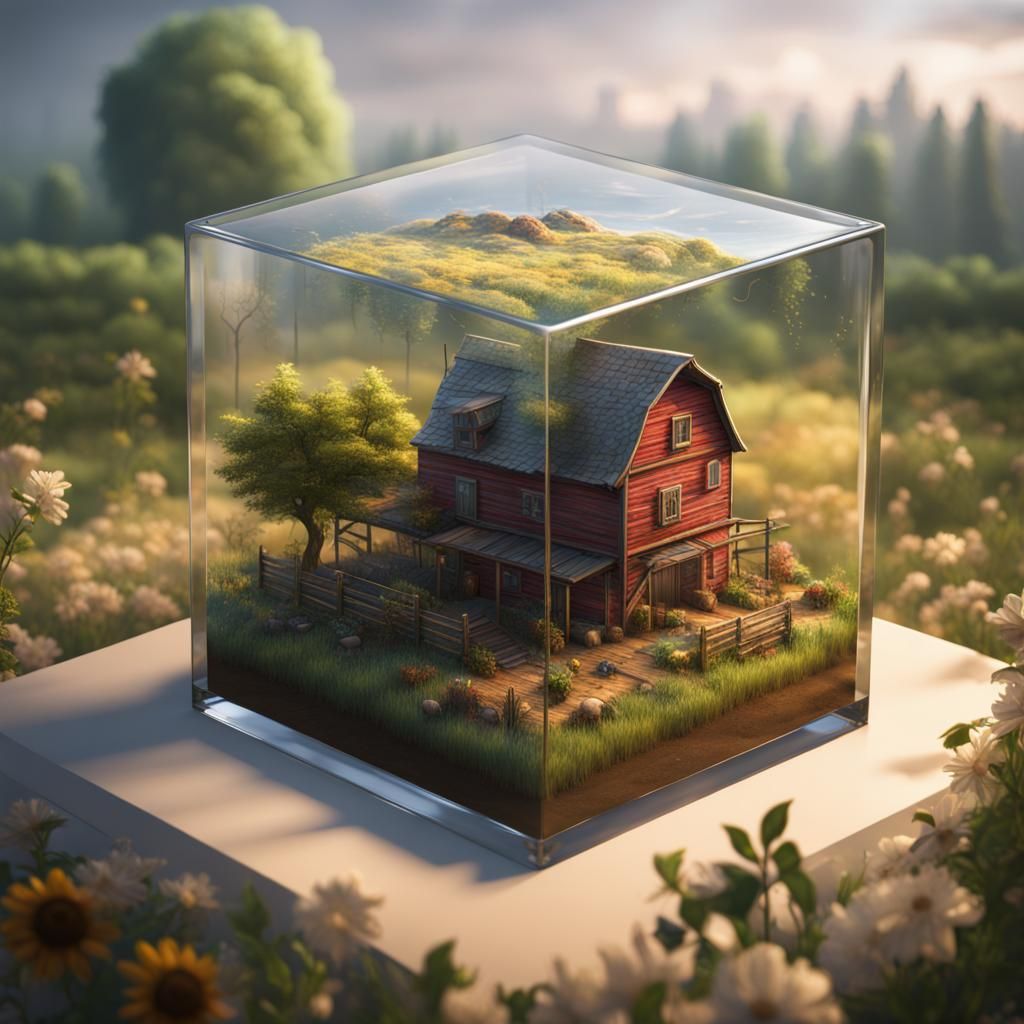 Farm in Glass Cube: Detailed Matte Painting